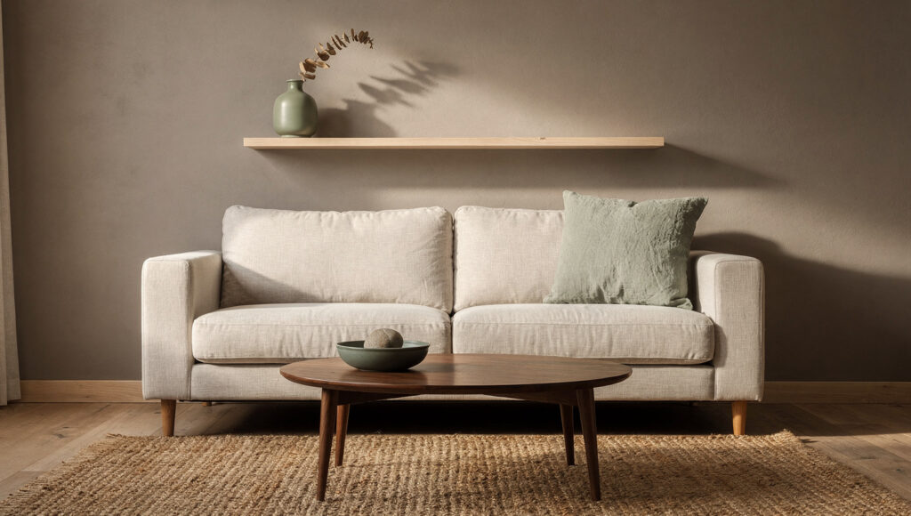 A warm greige Japandi living room showing sage green accent deployed across three elements — a stonewashed sage linen cushion on an oat sofa, a small sage matte ceramic bowl on a walnut coffee table, and a sage ceramic bud vase with dried eucalyptus on a white oak shelf — all the same muted gray-green tone with all other surfaces warm neutral