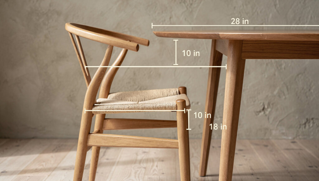 A Japandi dining chair and round oak table shown in profile with measurement indicators showing the seat height at 18 inches from the floor and table underside at 28 inches, the 10-inch clearance gap between seat and table underside clearly visible as the correct ergonomic specification
