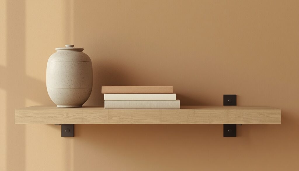A single white oak floating shelf showing the three-zone method — a matte stone ceramic vessel as the anchor on the left, three horizontally stacked warm neutral books in the center, and intentionally clear shelf surface on the right with warm greige limewash wall visible behind