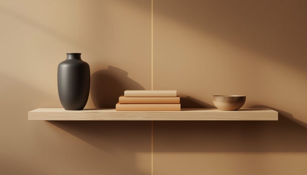 A white oak floating shelf divided into three visible zones showing the Japandi composition method — a tall matte charcoal ceramic anchor on the left, four warm neutral books horizontally stacked in the center, and a small raku bowl with open clear space on the right