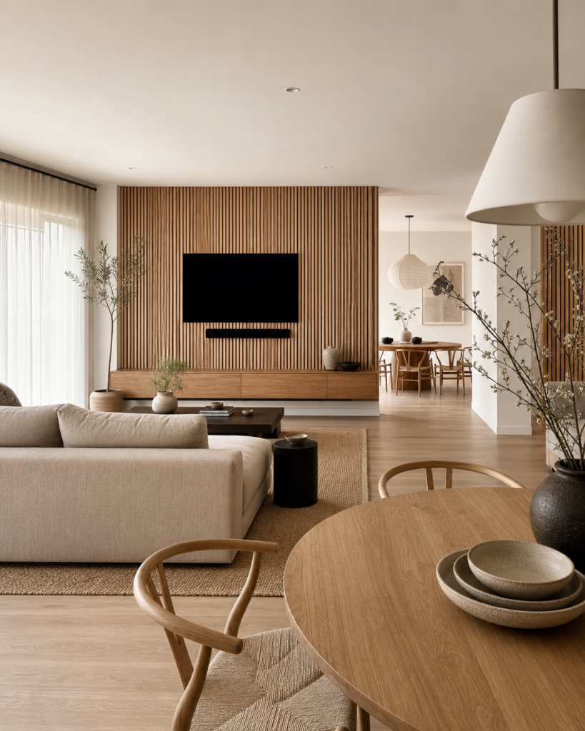 A Japandi open-plan living and dining room showing a floor-to-ceiling white oak slatted TV wall anchoring the living zone with an oat linen sofa and jute rug in the foreground and a round oak dining table with wishbone chairs visible in the background, zones defined without physical barriers