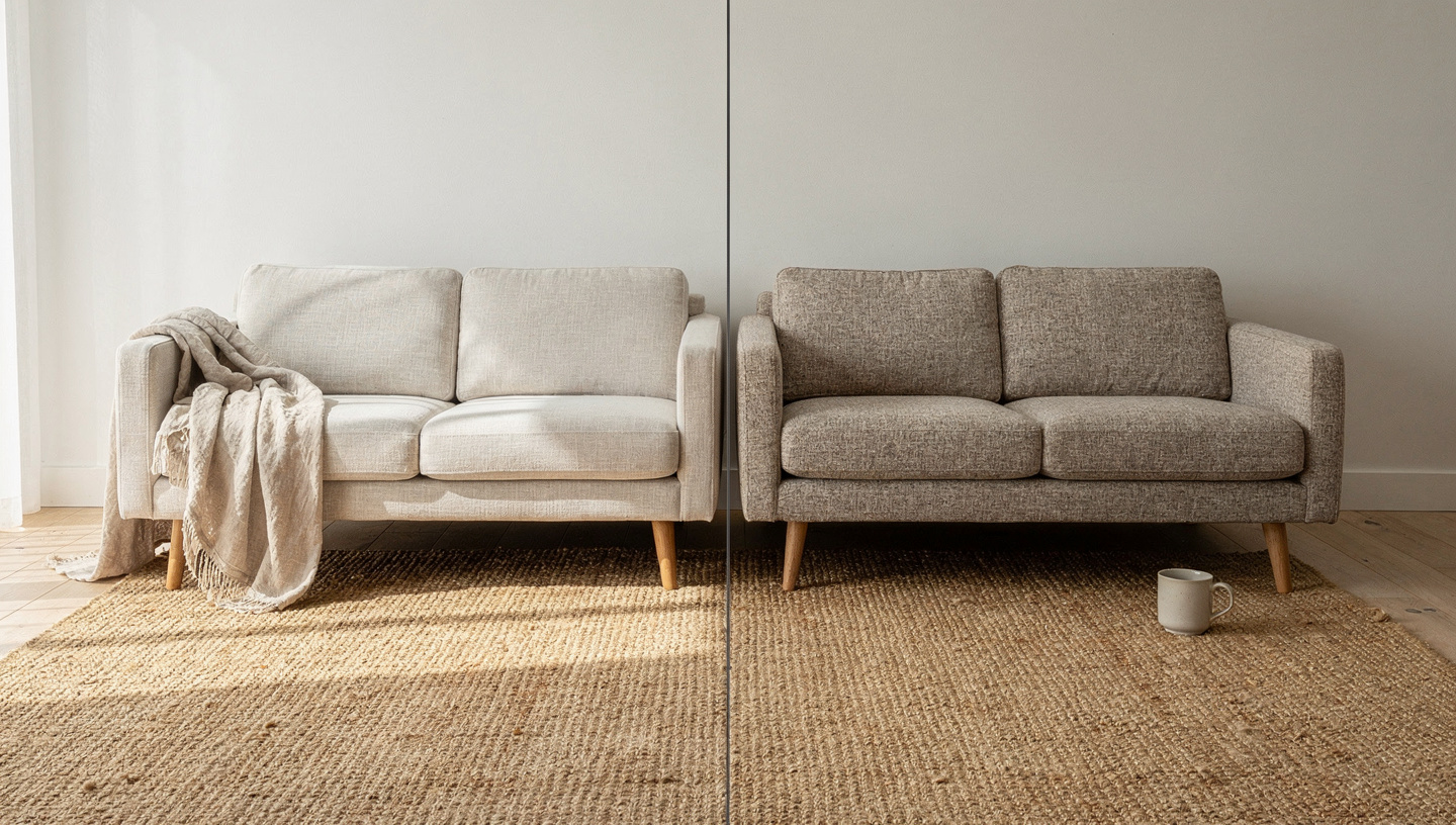 Two low-profile seating pieces side by side, one oat linen and one greige bouclé, sharing the same deep seat, low back, and solid oak legs.