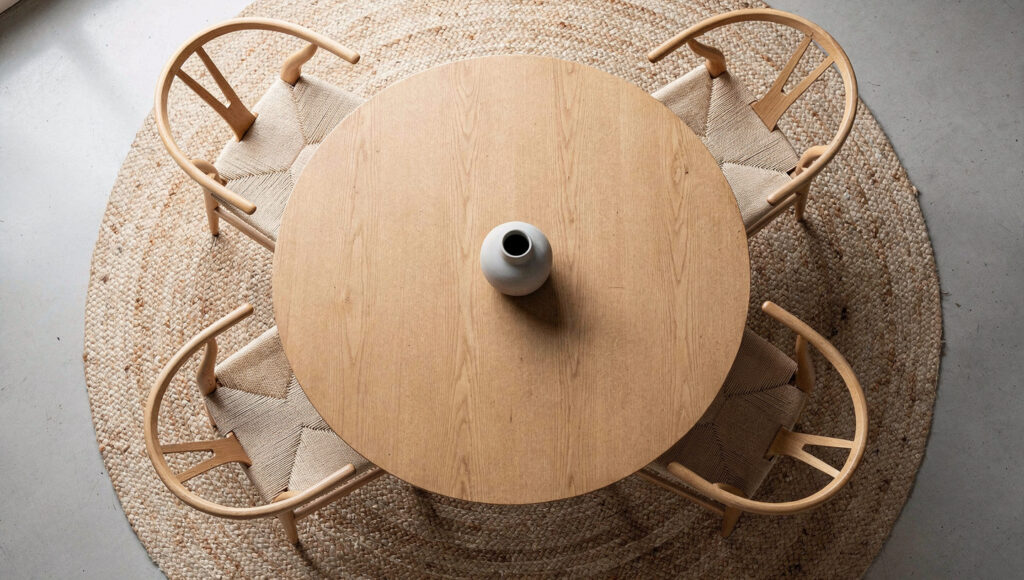 A bird's eye view looking directly down at a 48-inch round solid oak dining table with four ash wishbone chairs arranged around it showing the correct 6-inch clearance gap between each chair and the balanced proportion relationship between chair size and table diameter on a round natural jute rug
