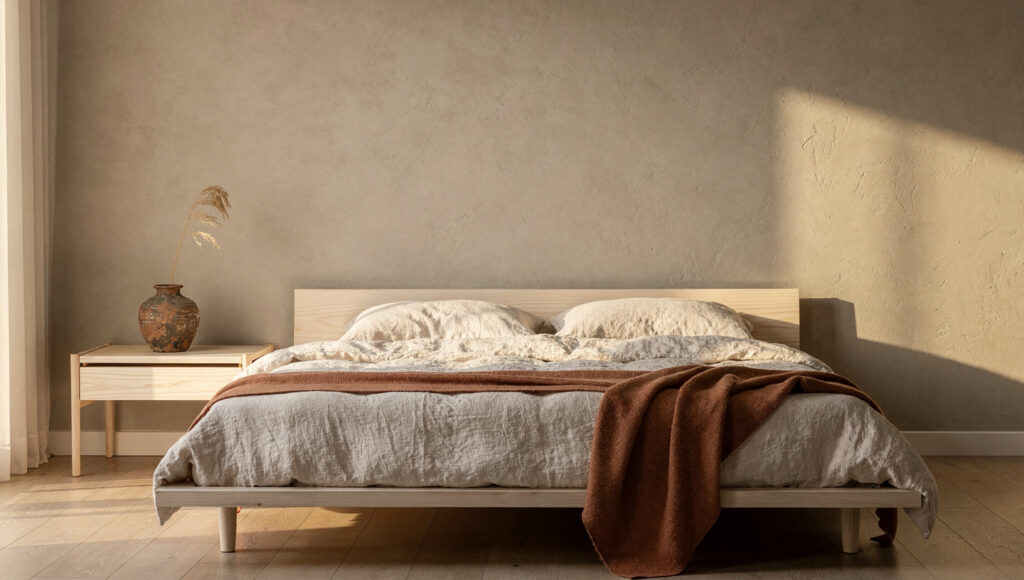 A warm greige Japandi bedroom showing soft terracotta accent in two elements — a dusty clay terracotta merino throw draped naturally over the foot of a white oak platform bed with warm white linen bedding, and one small aged terracotta ceramic pot with dried botanical stem on the oak nightstand beside it