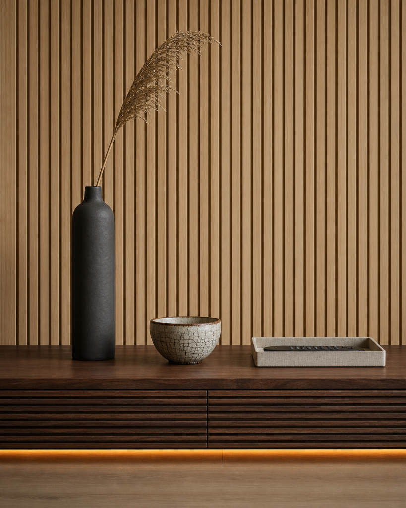 A Japandi TV console styling detail showing a low matte walnut console against a slatted oak wall with exactly three items — a tall matte charcoal ceramic vase with dried pampas stem, a raku crackle-glaze ceramic bowl, and a linen remote tray — with warm LED glow beneath the console