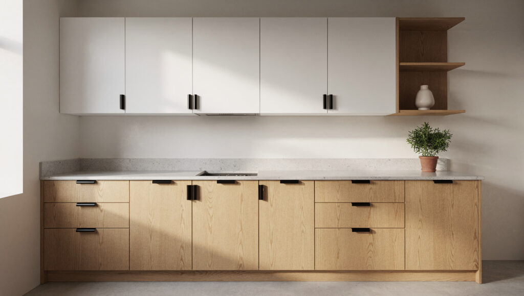 A Japandi kitchen two-tone cabinet system showing warm white matte flat-panel upper cabinets maintaining ceiling height above a honed concrete quartz countertop transition line, with rift-sawn white oak flat-panel lower cabinets grounding the kitchen at work level, matte black bar pulls consistent throughout, and one open oak floating shelf with ceramic vessel