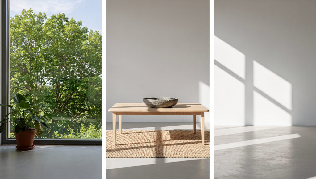 A simple three-part visual diagram-style photograph showing direct nature, natural materials, and natural light pattern as three distinct but connected elements in one room composition.