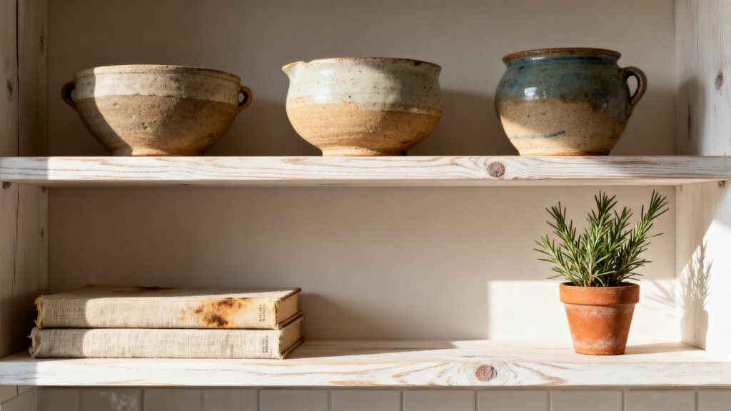 A wabi-sabi kitchen open white oak shelf showing the correct edit — three mismatched handmade ceramic pieces in different clay tones, two well-used linen-bound cookbooks, and one terracotta herb pot with rosemary, with clear breathing space between each object