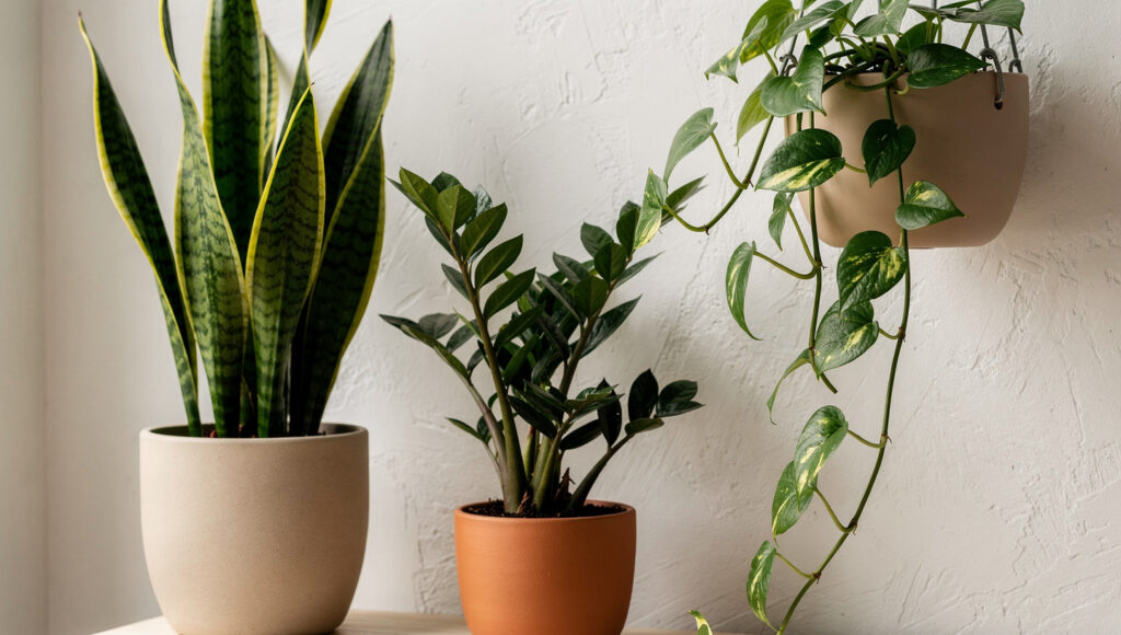 Three low-light tolerant bedroom plants in matte ceramic pots — an upright snake plant, a compact ZZ plant, and a trailing pothos in a hanging planter, under soft indirect north-facing light