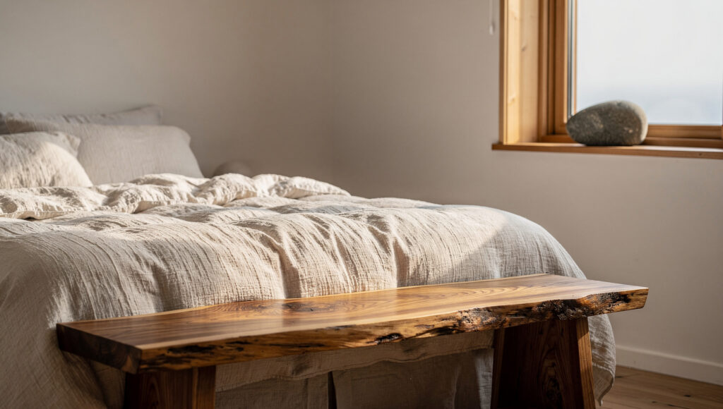 A bedroom corner showing biophilic material layering — a live-edge wood bench at the foot of the bed, a raw river stone on the windowsill, and undyed linen bedding