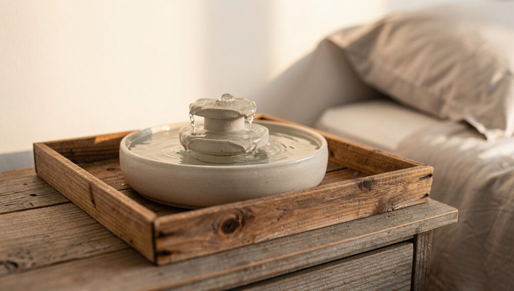 A small ceramic tabletop water feature approximately 10 inches across on a wooden tray on a bedroom dresser, water gently cascading over a tiered surface into a shallow basin with the water surface catching soft ambient light, the bed visible out of focus in the background