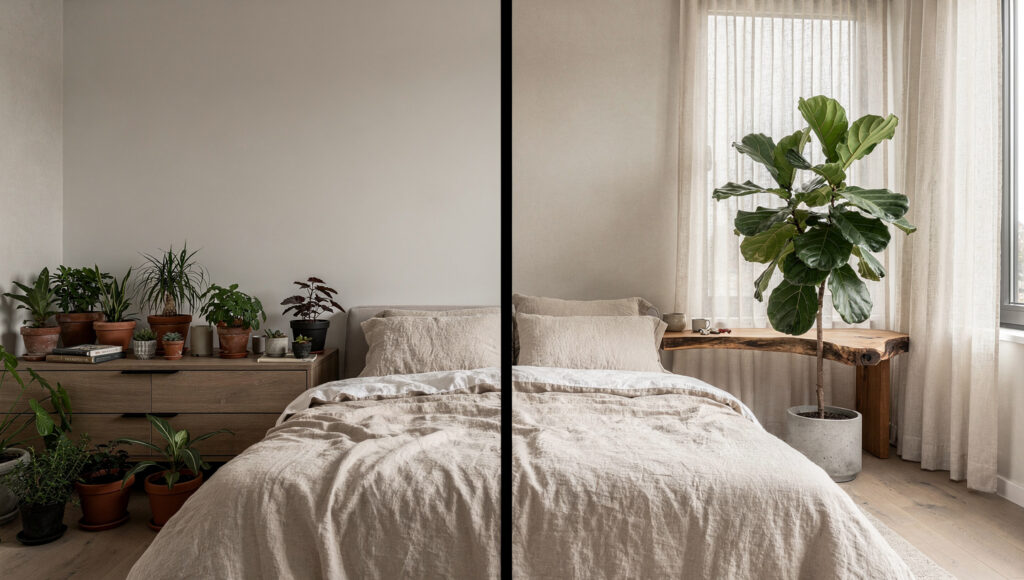 A split-panel comparison showing a bedroom crowded with eight small disorganized plants and synthetic materials on the left reading as cluttered decoration, versus the same room with one large architectural plant, live-edge wood, and linen bedding on the right reading as genuinely biophilic and composed