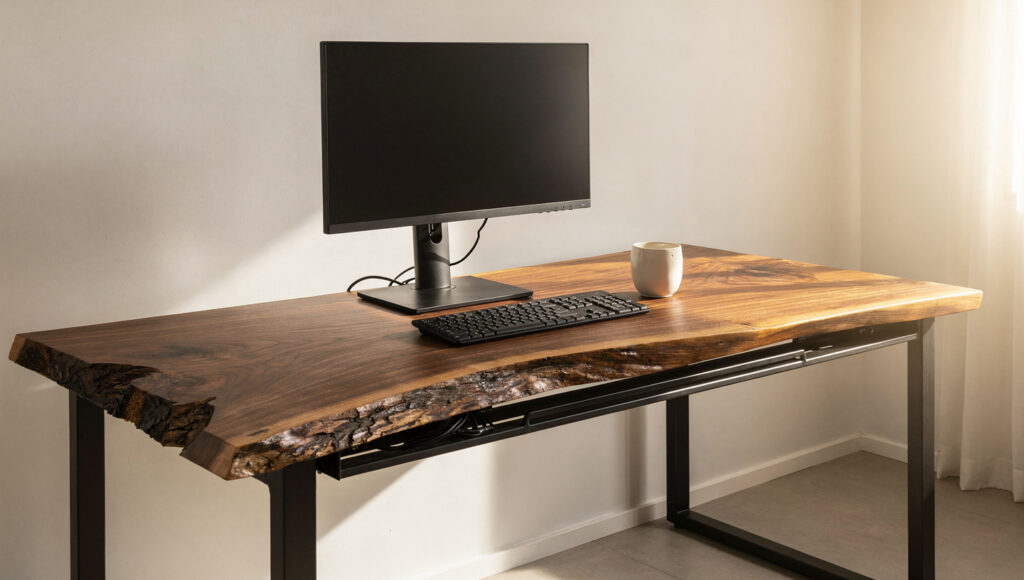 A solid live-edge walnut desk with 1.75 inch thick top showing dramatic natural grain and preserved bark edge, matte black steel legs, a mounted cable management tray concealing all cables beneath, holding only a monitor arm, keyboard, and ceramic desk cup