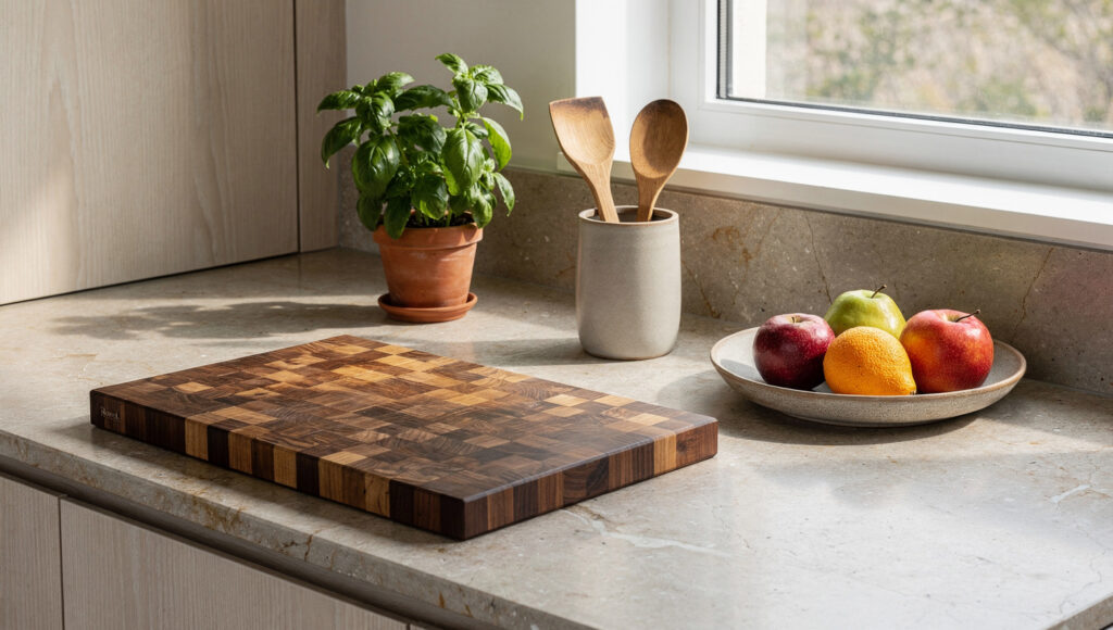 A biophilic kitchen counter showing the correct styling edit — an end-grain walnut cutting board with natural grain and early patina at working position, a terracotta basil pot at the window, a matte ceramic utensil holder, and a shallow ceramic fruit bowl, with 60% of the honed stone counter surface clearly visible