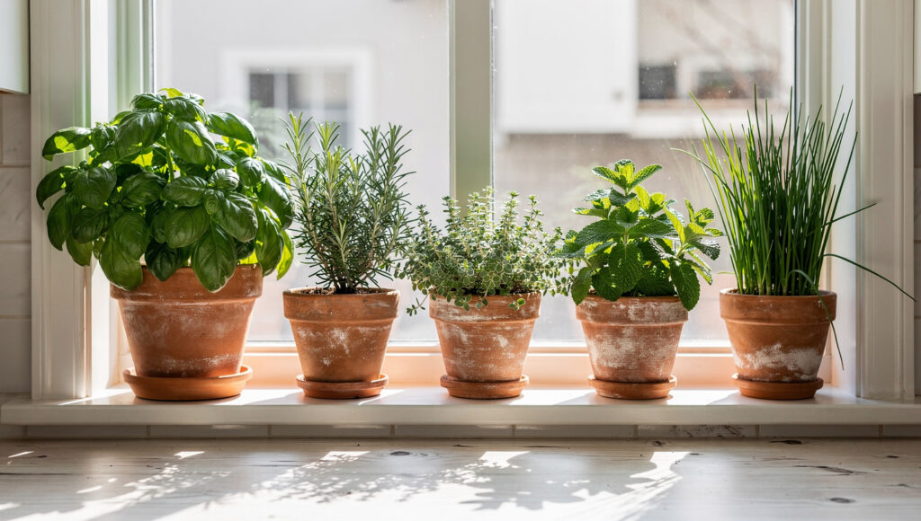 A kitchen windowsill herb garden showing five terracotta pots with basil, rosemary, thyme, mint in its own separate pot, and chives, all clearly healthy with morning light illuminating the herbs and casting organic shadows on the counter below, the terracotta pots showing natural chalky patina
