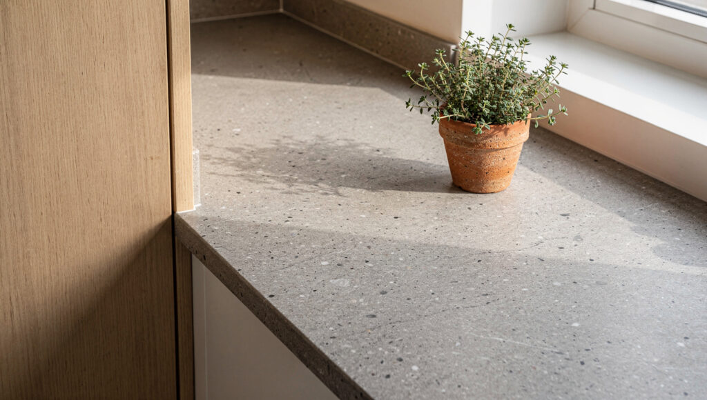 A biophilic kitchen honed concrete-effect quartz countertop in warm gray showing the matte mineral surface absorbing rather than reflecting morning light, subtle aggregate variation visible, with a white oak cabinet door edge at left and a small terracotta herb pot on the clear counter surface