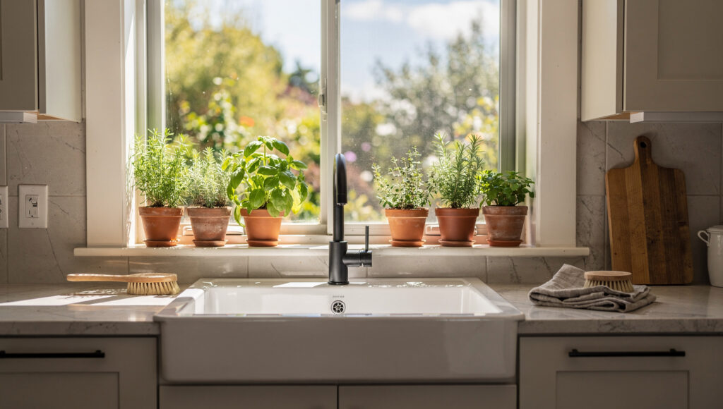 A biophilic kitchen sink positioned beneath a large window showing a matte black faucet over a white ceramic sink with morning light flooding from outside, outdoor greenery visible through the window, terracotta herb pots on the windowsill, the connection between the food preparation zone and the natural world directly visible