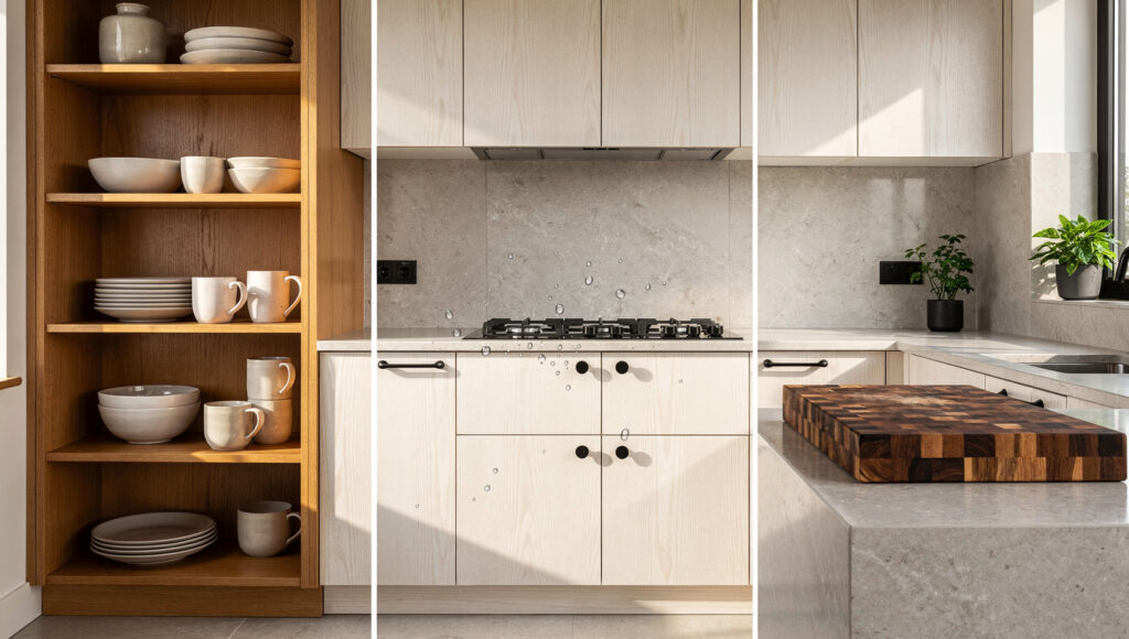A biophilic kitchen showing wood correctly applied at three zones — an open wood shelf with ceramics in natural oil finish, white oak flat-panel cabinet doors with hardwax oil surface film, and an end-grain walnut cutting board showing grid grain pattern on the counter, with stone backsplash above the stovetop