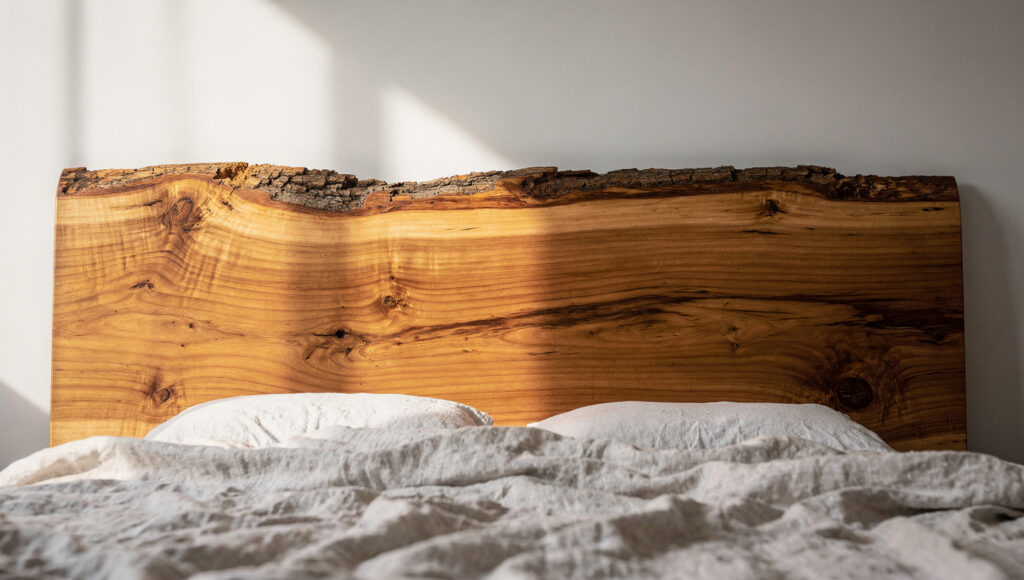 A close-up of a live-edge wood headboard showing the natural irregular bark-edge along the top and dramatic visible wood grain in warm honey-brown tone, warm white stonewashed linen bedding visible at the base, morning light raking across the surface