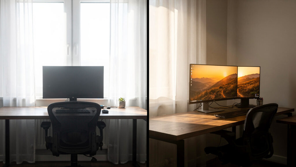 A split-panel comparison of two home office monitor positions — left showing monitor in front of a window creating silhouette and glare, right showing the monitor positioned beside the window with daylight falling from the side illuminating the desk grain
