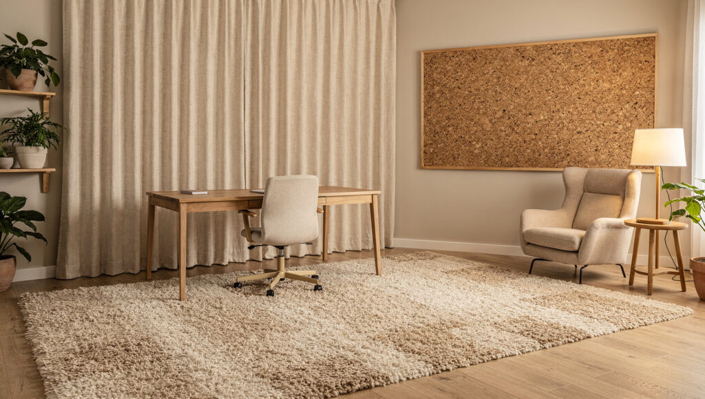A biophilic home office showing four natural acoustic elements — a large natural wool rug covering 65% of the floor, floor-to-ceiling undyed linen curtains on the facing wall, a cork wall panel with natural cellular texture, and an upholstered linen reading chair in the corner