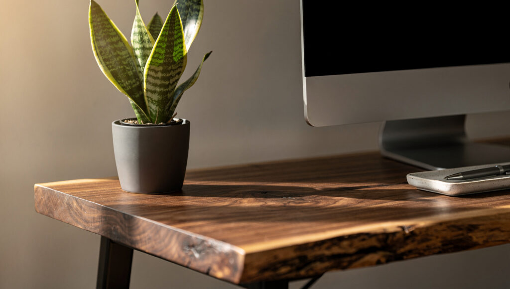 A close-up of a biophilic home office desk corner showing a small Sansevieria snake plant in a matte ceramic pot at the desk edge, warm live-edge walnut grain visible at 1.75 inch thickness, and the slim edge of a matte-finish monitor with calibrated brightness beside it