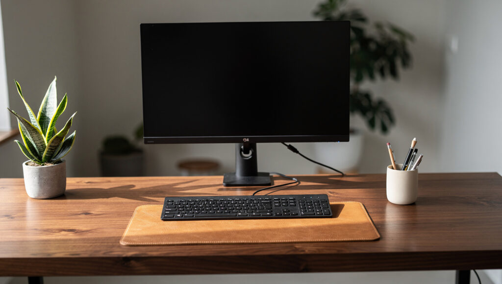 A biophilic home office desk surface showing the correct edit — a monitor on a matte black arm, a keyboard, a slim ceramic desk cup with two pens, a small snake plant, and a natural leather desk pad, with 60% of the walnut grain visible and no papers, chargers, or clutter