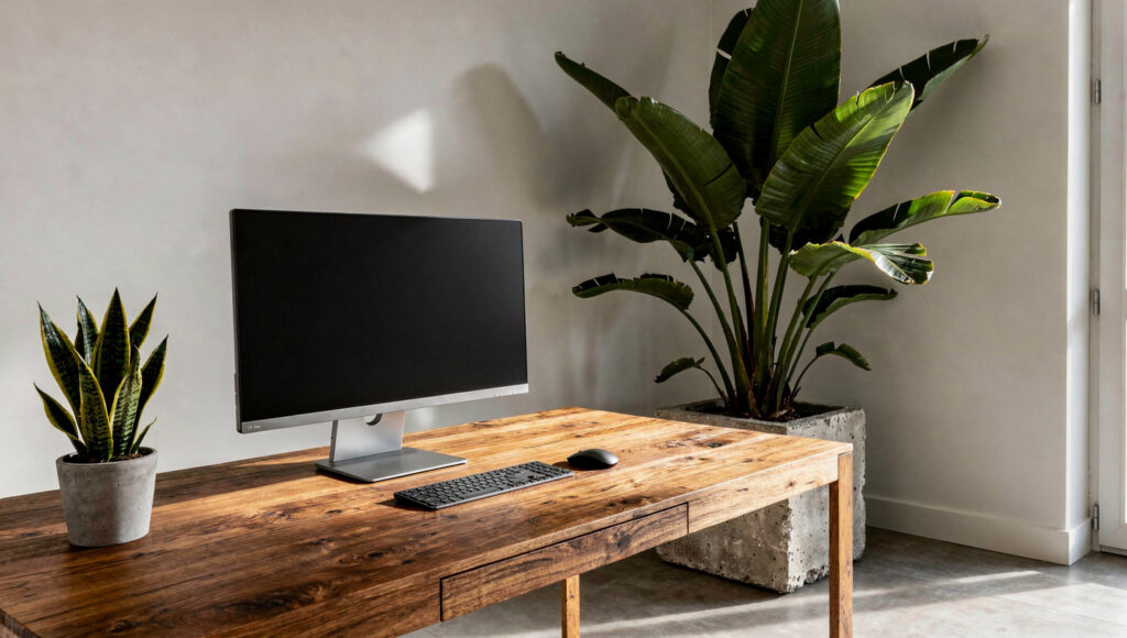 A biophilic home office showing two plant scales correctly positioned — a small snake plant in a concrete pot at the left desk edge at peripheral vision level, and a large bird of paradise in a raw concrete planter in the corner behind the desk, outside the monitor sightline
