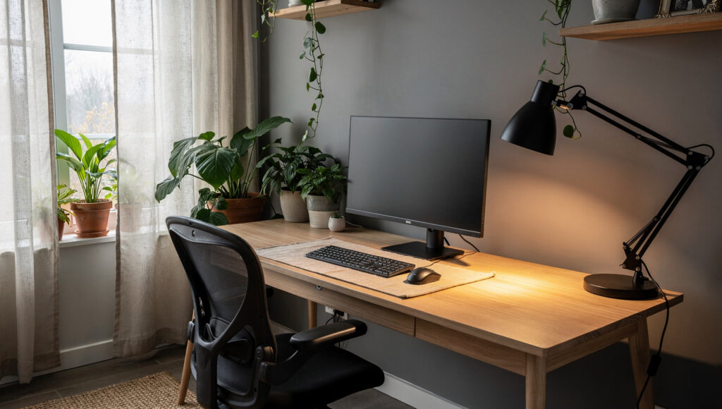 A biophilic home office showing layered lighting — sheer linen curtains diffusing daylight from a side window illuminating the desk and monitor from the left, a matte black adjustable desk lamp glowing 2700K from the right, no overhead light active