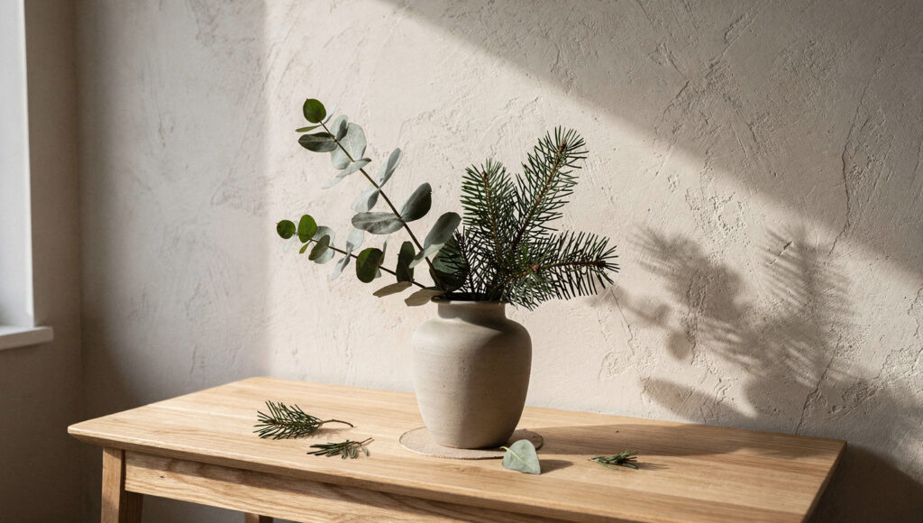 Three stems of fresh eucalyptus and fir cut at different lengths and leaning off-axis in a matte stoneware vessel on a bare oak console, casting one diagonal shadow