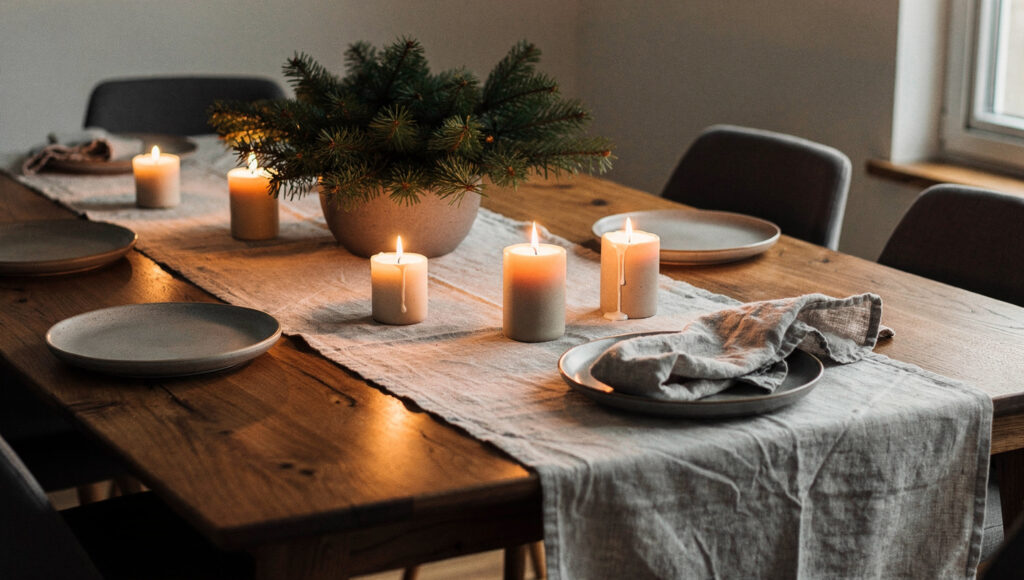A Japandi Christmas table with a creased oat linen runner, stoneware plates, wooden boards, matte candle holders at uneven heights and a low fir arrangement, lit by candlelight and weak window light
