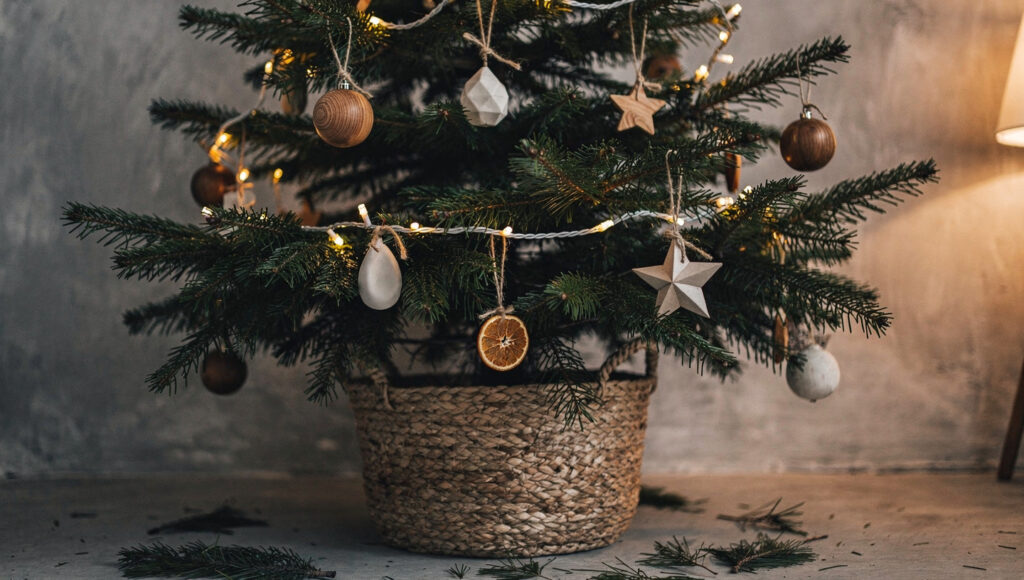 The mid-section of a real fir with visible irregular branches, loosely wound warm white lights leaving branches dark, and a few natural ornaments in wood, ceramic, paper and dried orange spaced unevenly
