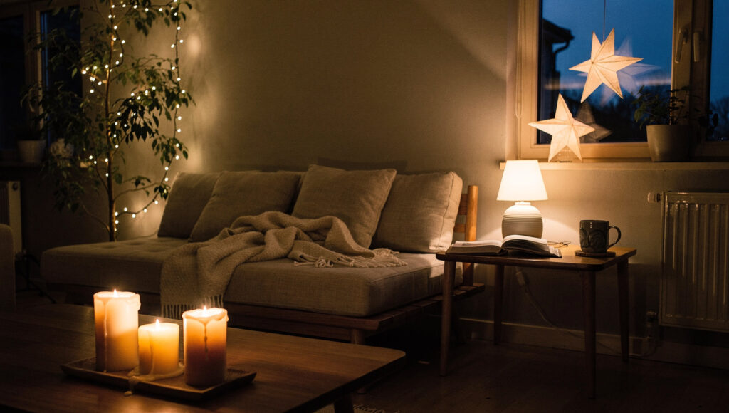 A Japandi living room at dusk in December lit only by warm white tree lights, one table lamp, three pillar candles and a paper star lantern, with no overhead light and darkness at the corners