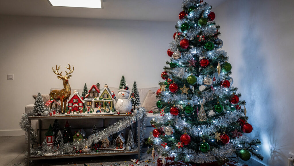 An over-decorated Christmas corner with a densely lit tree in cool white lights, mirror-finish red and green baubles, tinsel, a ceramic deer and a tabletop village, lit flatly from overhead