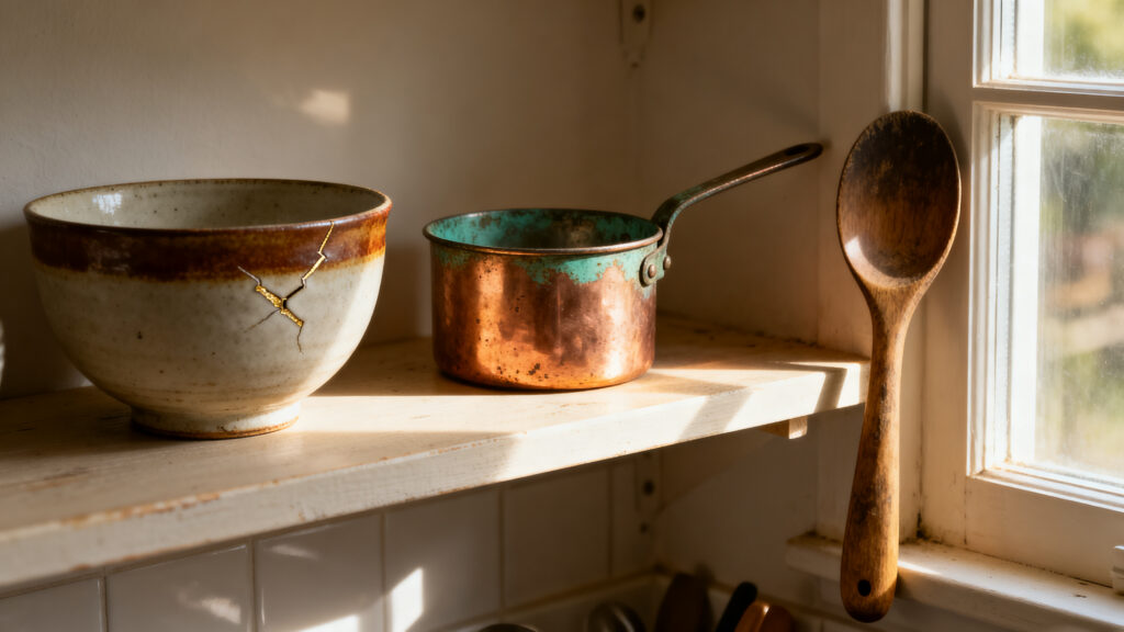 Three kitchen objects at different stages of honest aging — a ceramic bowl with kintsugi gold repair line at a chip, a copper measuring cup with green patina at the rim, and a wooden spoon worn smooth at the grip from years of use