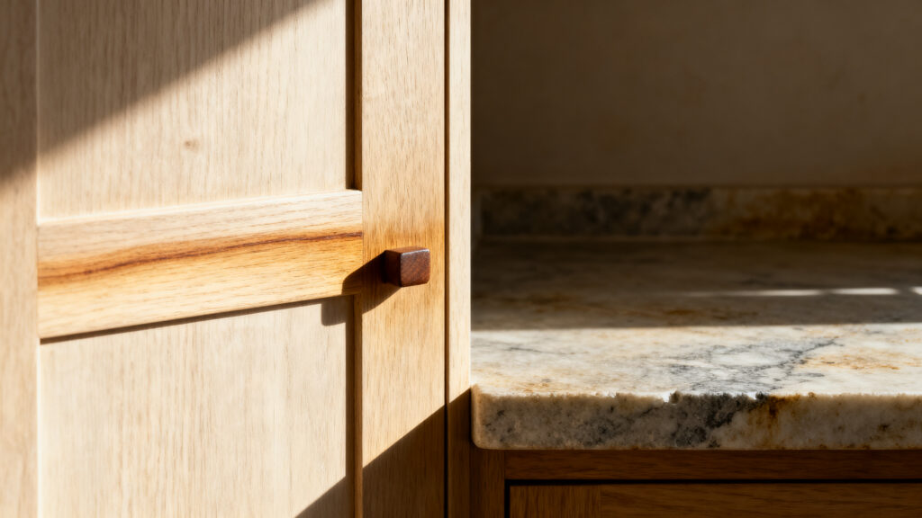 A wabi-sabi kitchen showing a white oak cabinet door with penetrating oil finish deepened at the pull edge from hand contact, beside a honed soapstone counter with natural gray mineral markings from food acids — both materials aging honestly rather than resisting change