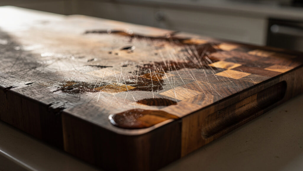 An end-grain walnut cutting board showing the honest patina of daily use — natural oil darkening across the surface, shallow knife grooves in the center zone, slight wear where a hand habitually rests