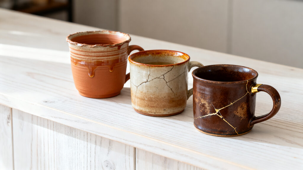 Three handmade ceramic mugs at different stages of honest aging — new on the left, three years of daily use in the center showing deepened rim color, and five years of use on the right with a small kintsugi gold lacquer repair at the handle joint