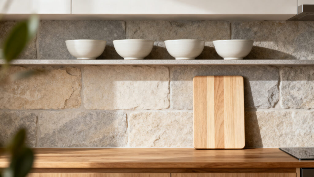 A kitchen showing two wabi-sabi mistakes — a matched set of four identical retail ceramic bowls on the open shelf reading as purchased rather than accumulated, and a pristine cutting board displayed decoratively against the backsplash with no evidence of actual use