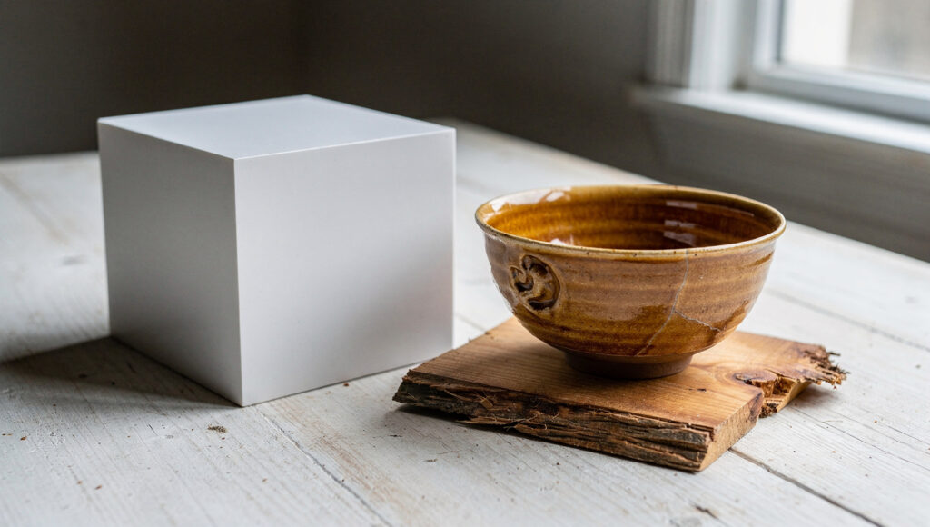 A precise machined white cube beside a rough hand-thrown tea bowl with an uneven glaze, set apart on a pale surface