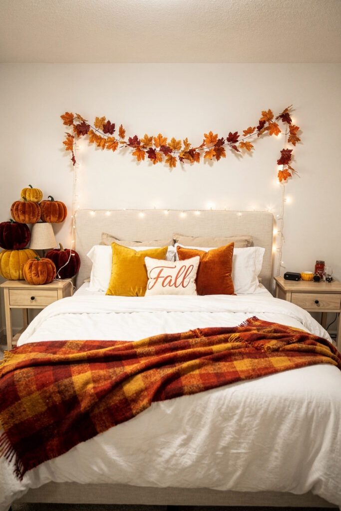 An over-decorated fall bedroom with velvet pumpkins, a buffalo-plaid throw, a leaf garland over the headboard and a word-pillow, visually busy against an otherwise neutral room