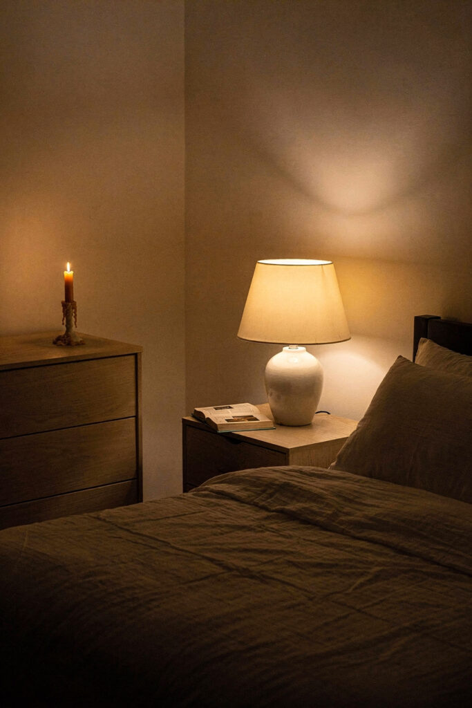A bedroom at dusk lit only by two 2700K bedside lamps and one beeswax candle, no overhead light, the room warm and gathered with darkness at the edges