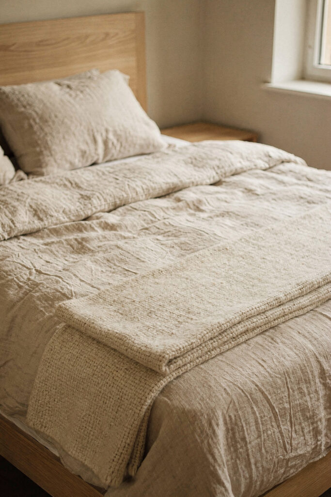 A bed layered in washed undyed linen with a heavyweight cream wool throw folded at the foot, three textures held in one oat-to-cream tonal range