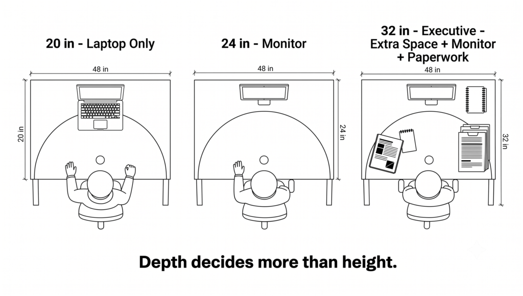 Three desk plan views comparing 20-inch, 24-inch, and 32-inch depths against monitor viewing distance.