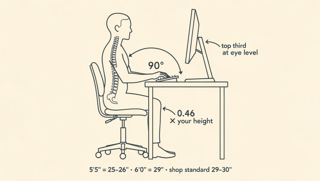 Side-profile ergonomic diagram showing correct Japandi desk height with forearms level, elbow at 90 degrees, and monitor at eye level.