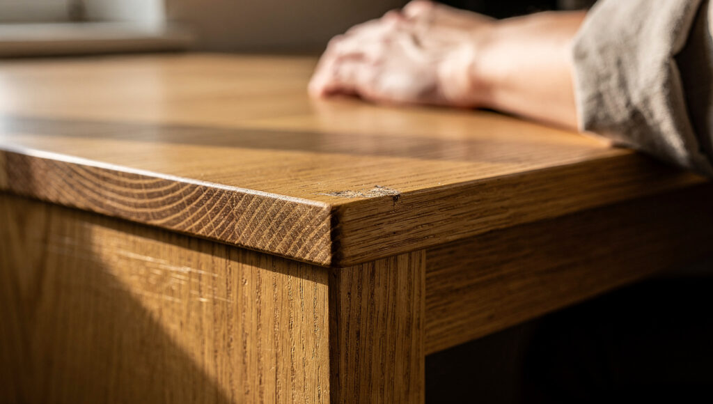 Close-up of a solid oak desk edge with open grain wrapping over the corner where a forearm rests.