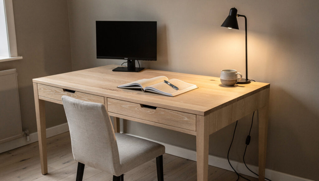A large solid white oak executive desk on slim legs floated away from the wall in a study, with visible floor beneath and a warm task lamp.
