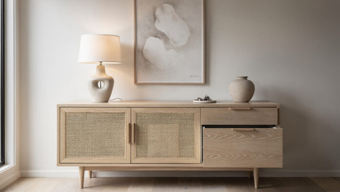 A long low solid oak Japandi sideboard with cane doors and drawers, styled with a single lamp and vessel beneath a narrower artwork.