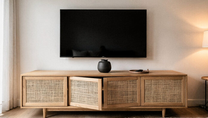 A long low solid oak Japandi media console with cane doors beneath a wall-mounted television, styled with a single ceramic vessel.