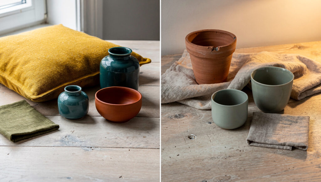 Saturated mustard teal and burnt orange textiles and ceramics on the left, muted terracotta sage and greige on the right, on a pale oak surface.